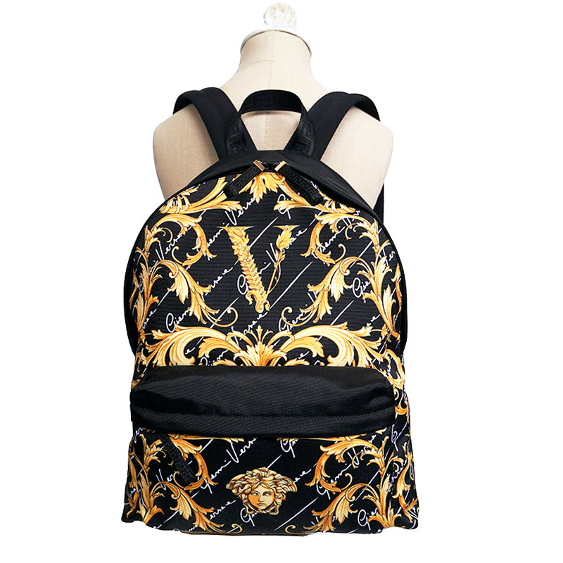 NEW $1,150 VERSACE Black GOLD BAROCCC MEDUSA Signature Print VIRTUS V BACKPACK