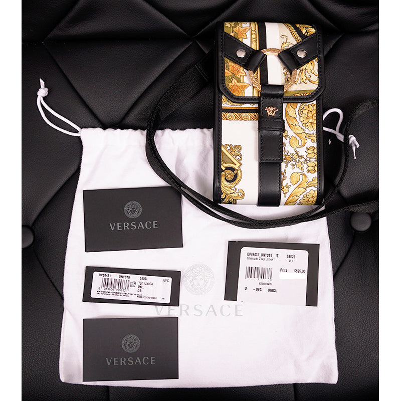 NEW $625 VERSACE Black BONDAGE STRAP Baroque MEDUSA LOGO Phone Travel Pouch BAG