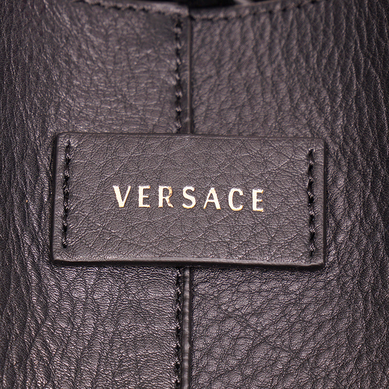 NEW $1,400 VERSACE Tribute Black Leather GOLD MEDUSA STUDDED Tote BAG & POUCH