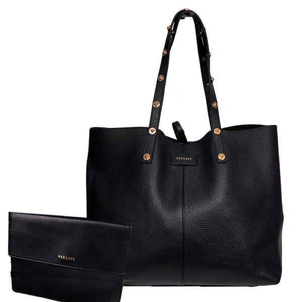 NEW $1,400 VERSACE Tribute Black Leather GOLD MEDUSA STUDDED Tote BAG & POUCH