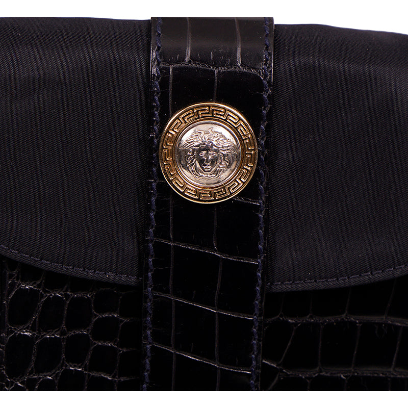 NEW 1990's GIANNI VERSACE Vintage Black Nylon MEDUSA Croc Embossed CROSSBODY BAG