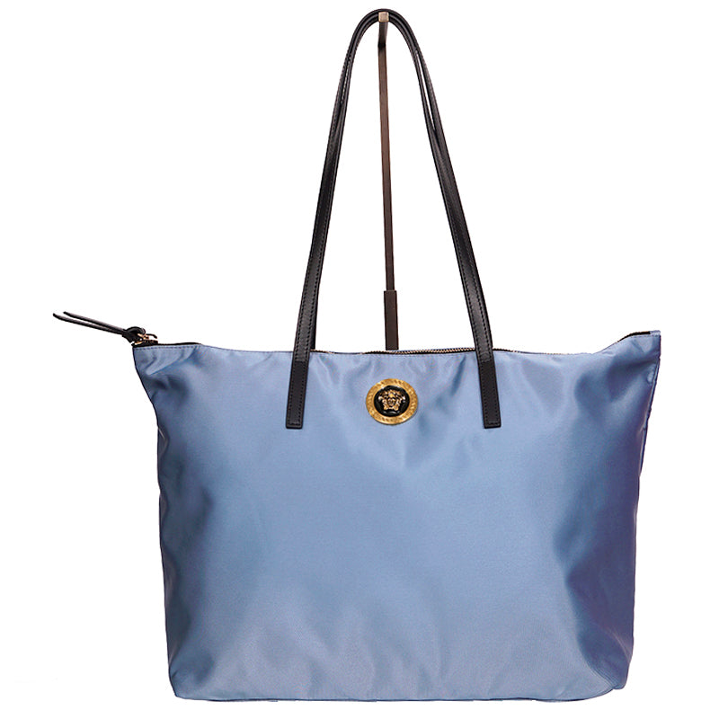 NEW $1,250 VERSACE Blue Nylon GOLD MEDUSA LOGO MEDALLION Leather Straps TOTE BAG