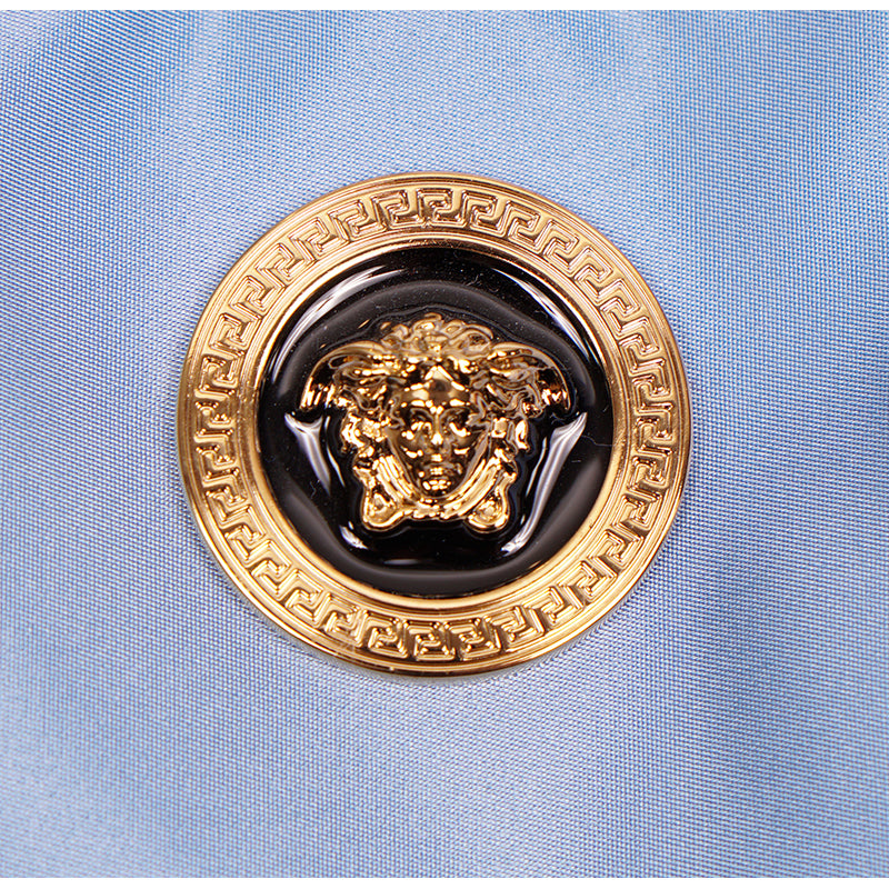 NEW $1,250 VERSACE Blue Nylon GOLD MEDUSA LOGO MEDALLION Leather Straps TOTE BAG