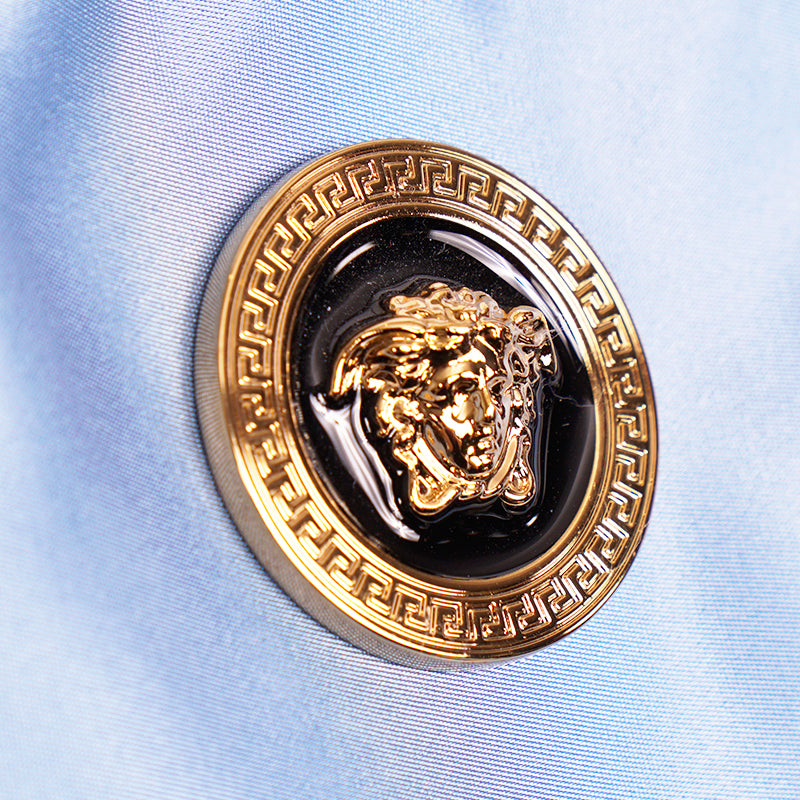 NEW $1,250 VERSACE Blue Nylon GOLD MEDUSA LOGO MEDALLION Leather Straps TOTE BAG