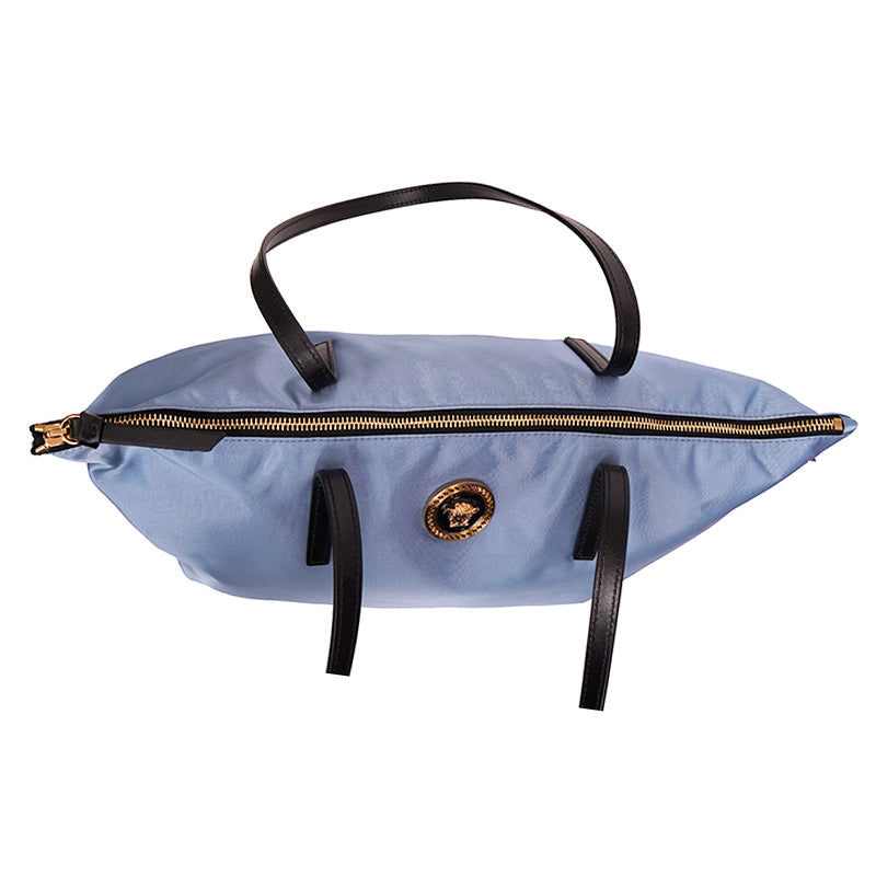 NEW $1,250 VERSACE Blue Nylon GOLD MEDUSA LOGO MEDALLION Leather Straps TOTE BAG