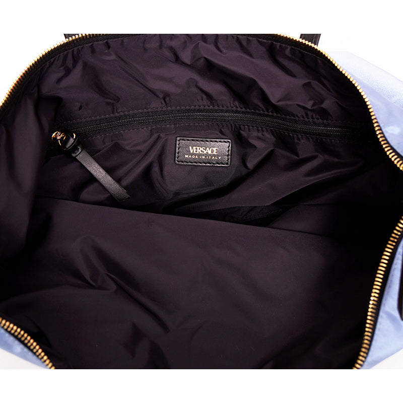 NEW $1,250 VERSACE Blue Nylon GOLD MEDUSA LOGO MEDALLION Leather Straps TOTE BAG