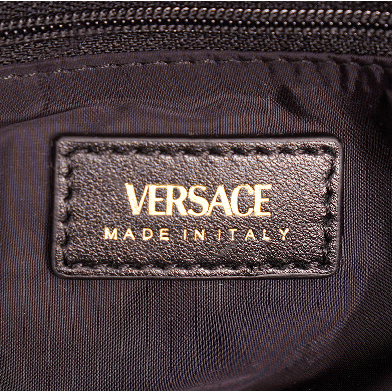 NEW $1,250 VERSACE Blue Nylon GOLD MEDUSA LOGO MEDALLION Leather Straps TOTE BAG