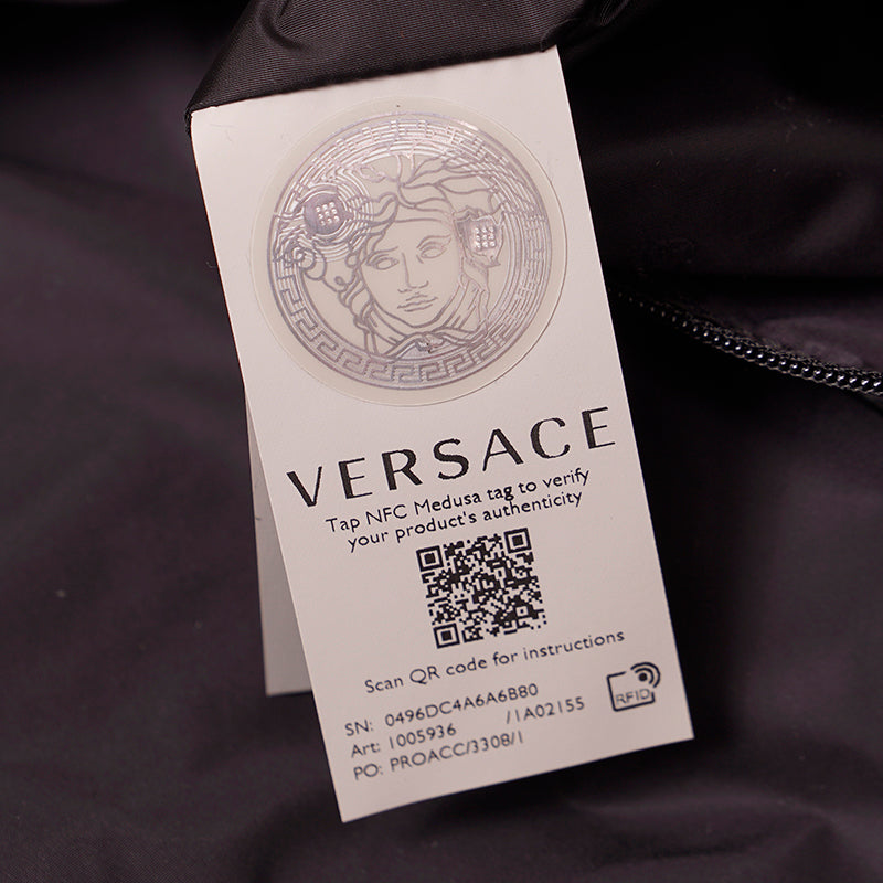 NEW $1,250 VERSACE Blue Nylon GOLD MEDUSA LOGO MEDALLION Leather Straps TOTE BAG