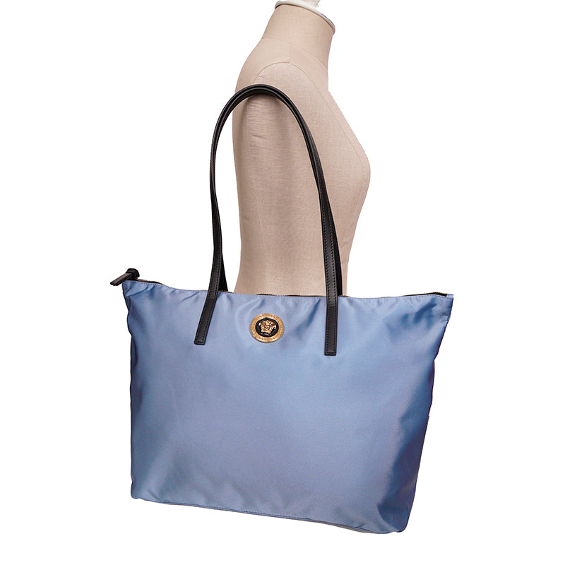 NEW $1,250 VERSACE Blue Nylon GOLD MEDUSA LOGO MEDALLION Leather Straps TOTE BAG