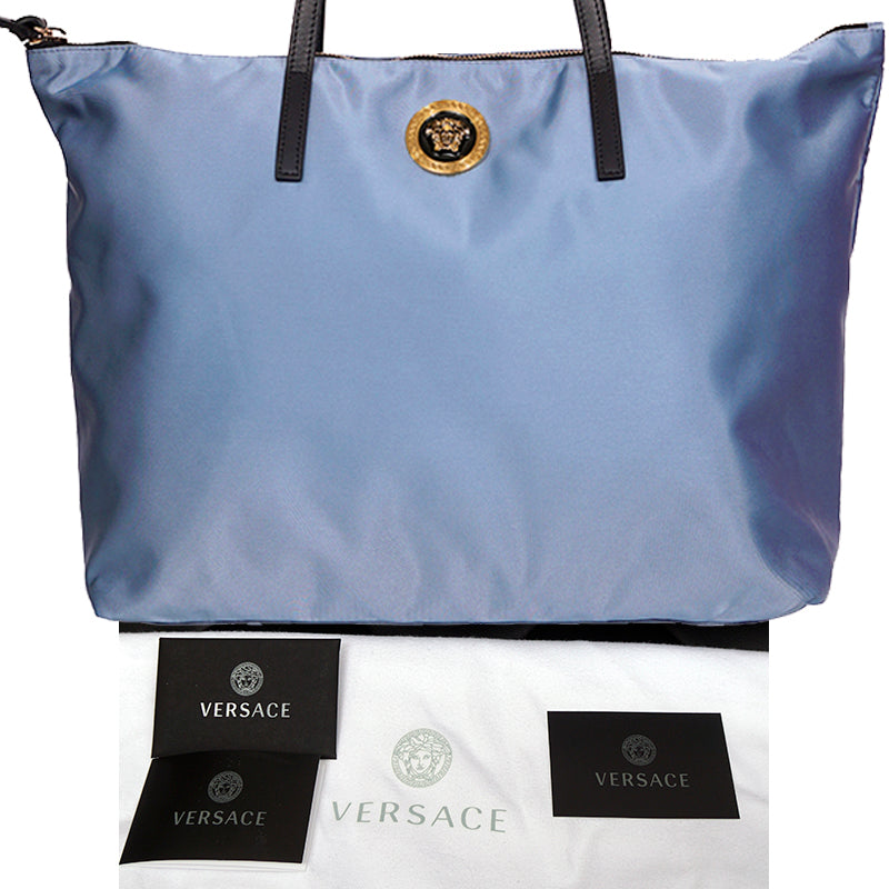 NEW $1,250 VERSACE Blue Nylon GOLD MEDUSA LOGO MEDALLION Leather Straps TOTE BAG