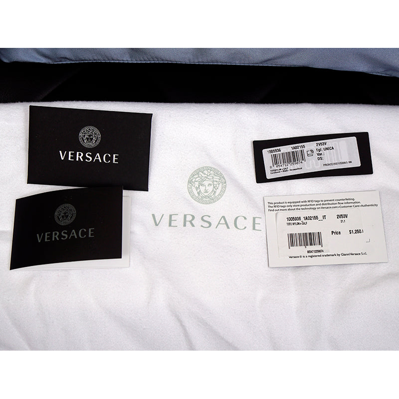 NEW $1,250 VERSACE Blue Nylon GOLD MEDUSA LOGO MEDALLION Leather Straps TOTE BAG