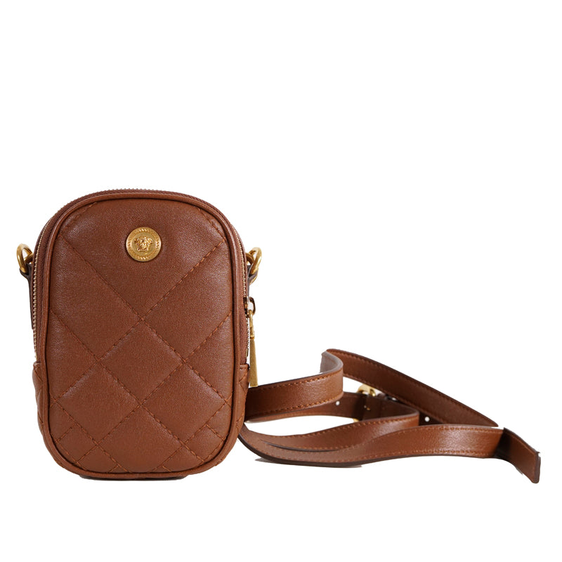 NEW $950 VERSACE RUNWAY Brown GOLD MEDUSA LOGO Quilted Leather Crossbody BAG NWT