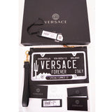 NEW $890 VERSACE Black Leather WHITE LICENSE PLATE LOGO Wristlet CLUTCH BAG NIB