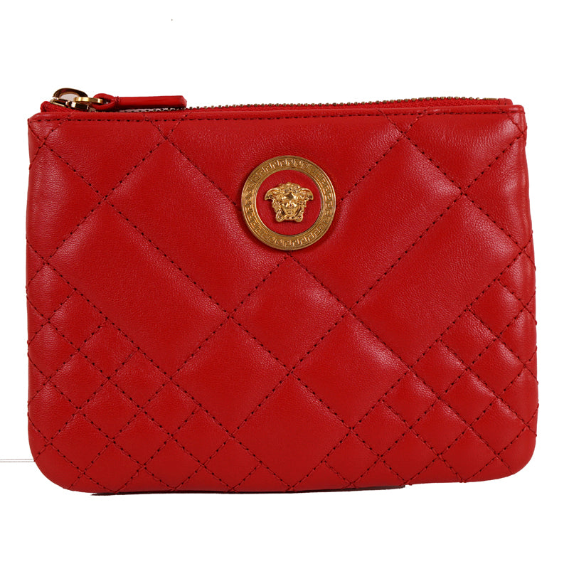 NEW $625 VERSACE Red Leather Quilted GOLD MEDUSA Zip Top Wallet/Travel POUCH NIB