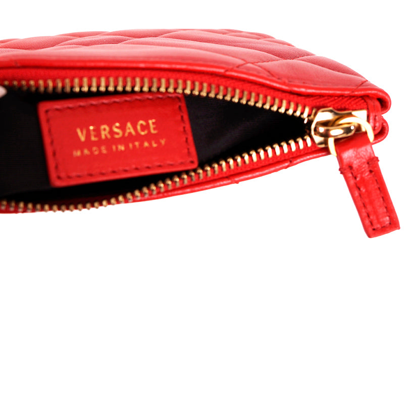 NEW $625 VERSACE Red Leather Quilted GOLD MEDUSA Zip Top Wallet/Travel POUCH NIB
