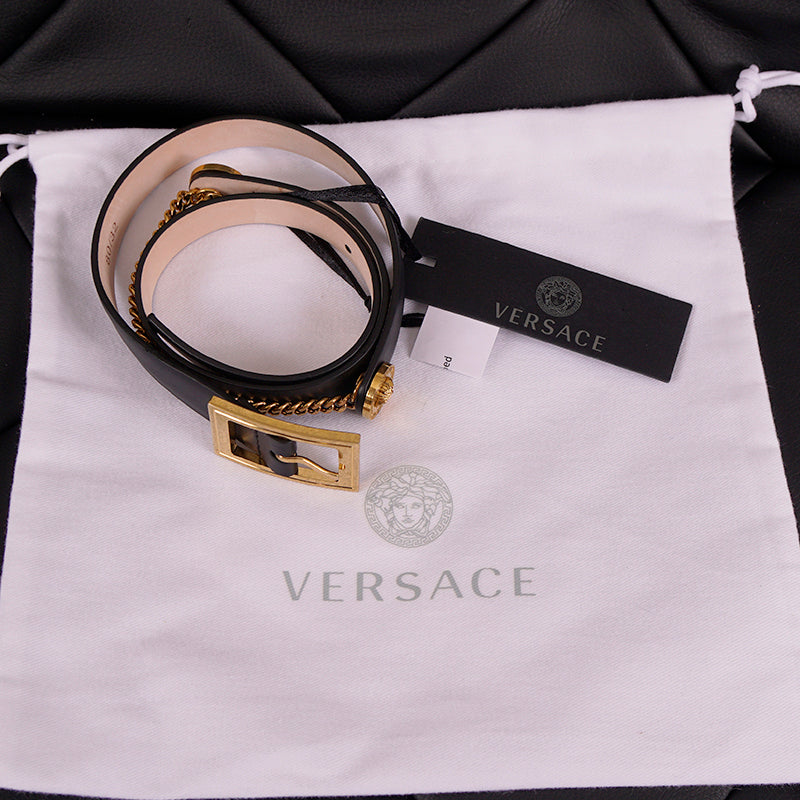 105/42 NEW $725 VERSACE Gold Tone MEDUSA CHAIN-EMBELLISHED Black Leather Waist BELT