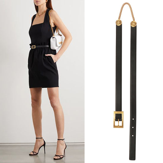 105/42 NEW $725 VERSACE Gold Tone MEDUSA CHAIN-EMBELLISHED Black Leather Waist BELT