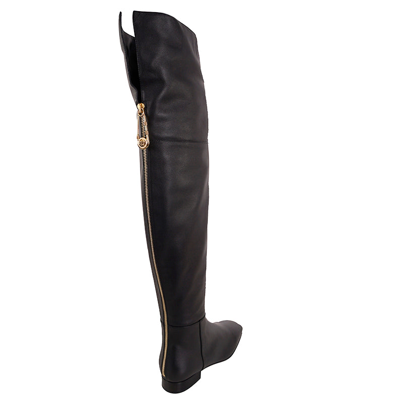 37 NEW $1550 VERSACE Black Leather LOGO SAFETY PIN ZIP BACK Over Knee FLAT BOOTS