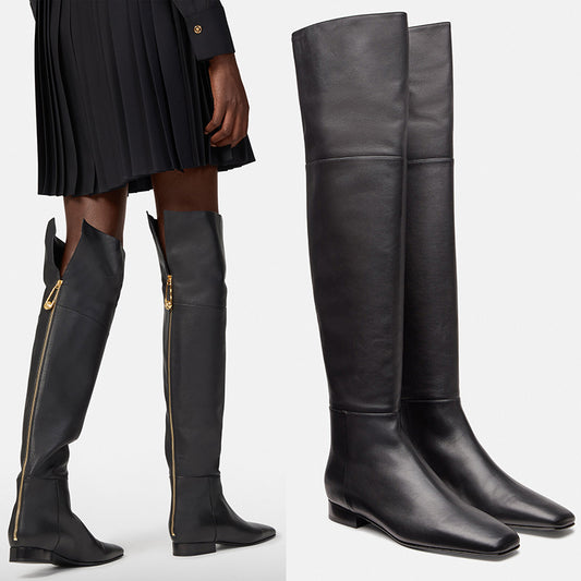 37 NEW $1550 VERSACE Black Leather LOGO SAFETY PIN ZIP BACK Over Knee FLAT BOOTS