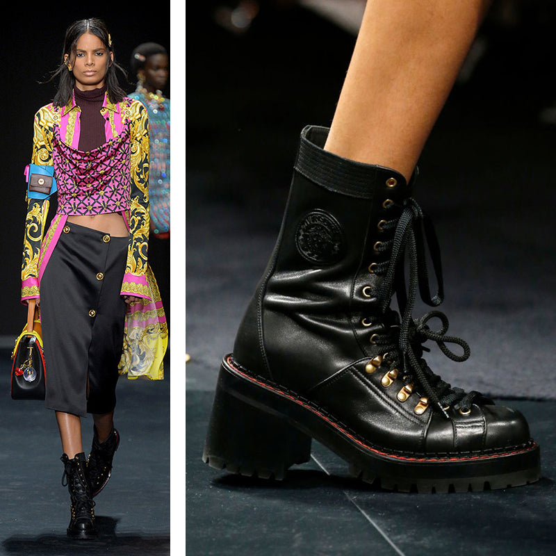 sz 37.5 NEW $2,050 VERSACE RUNWAY Black Leather CHUNKY HEEL Biker COMBAT BOOTS
