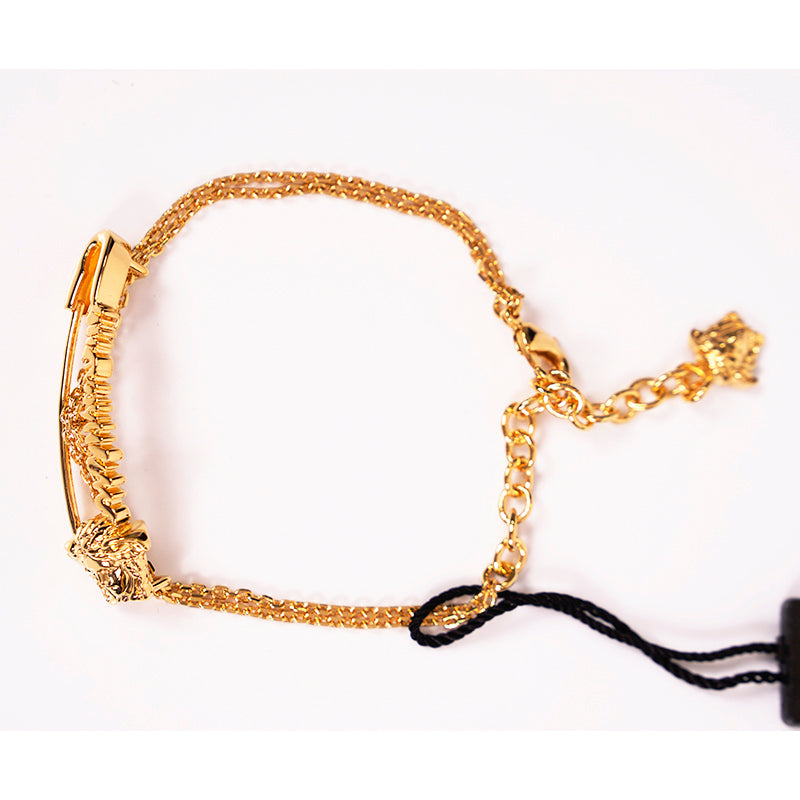 NEW $425 VERSACE TRIBUTE Gold Tone MEDUSA SAFETY PIN Charm Double Link BRACELET