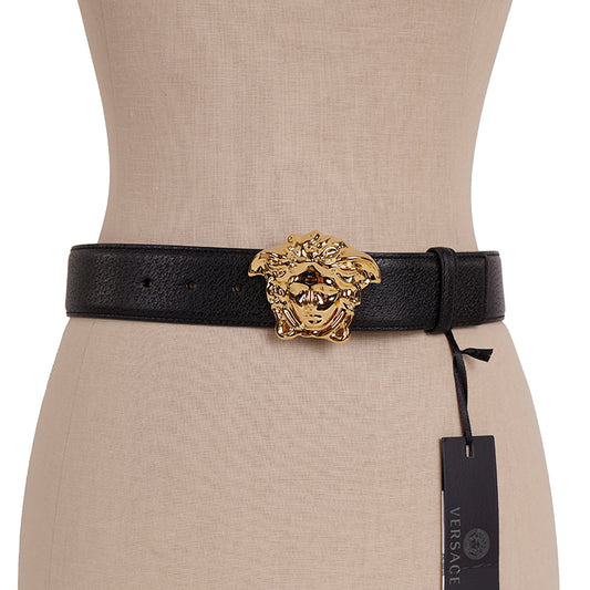 28/70 NEW $425 VERSACE Black Grainy Leather GOLD MEDUSA LOGO Classic WAIST BELT
