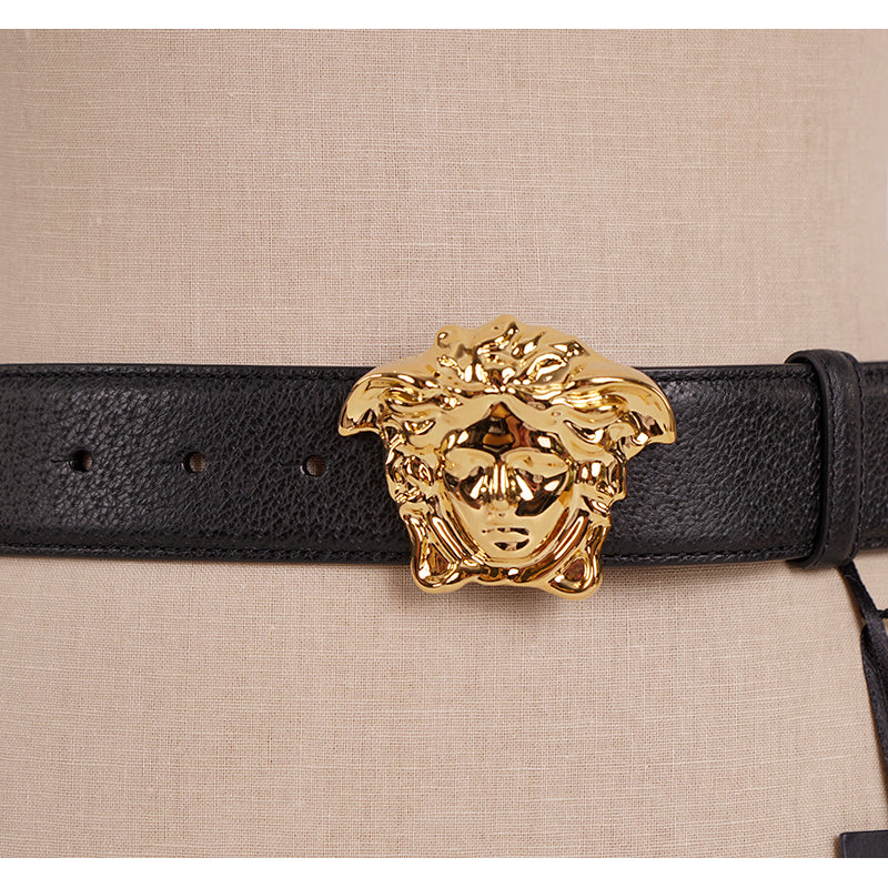 28/70 NEW $425 VERSACE Black Grainy Leather GOLD MEDUSA LOGO Classic WAIST BELT
