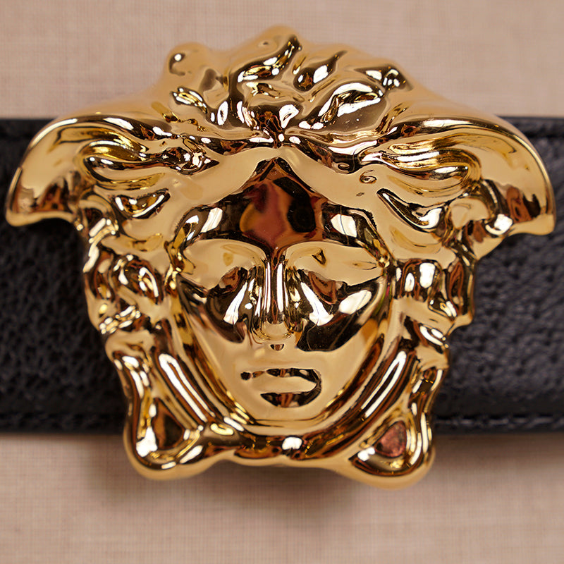 28/70 NEW $425 VERSACE Black Grainy Leather GOLD MEDUSA LOGO Classic WAIST BELT