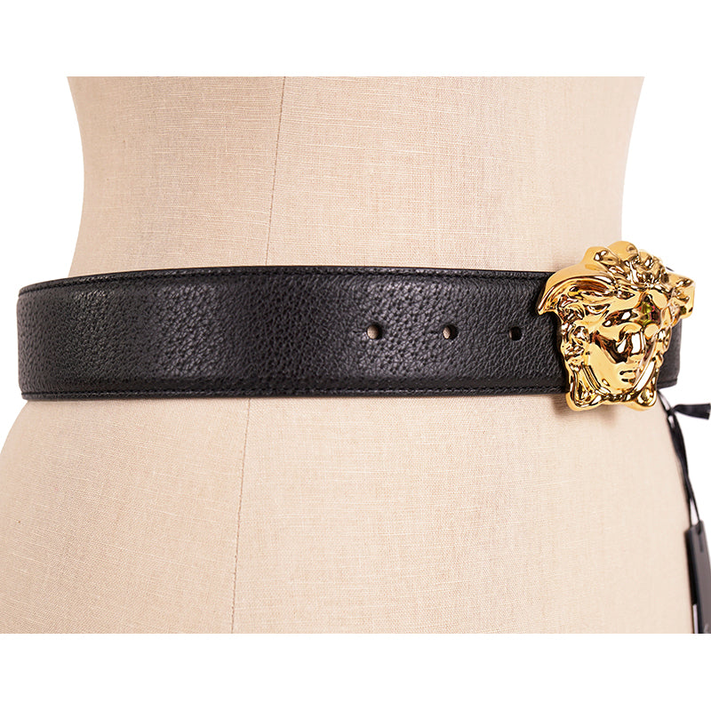 28/70 NEW $425 VERSACE Black Grainy Leather GOLD MEDUSA LOGO Classic WAIST BELT