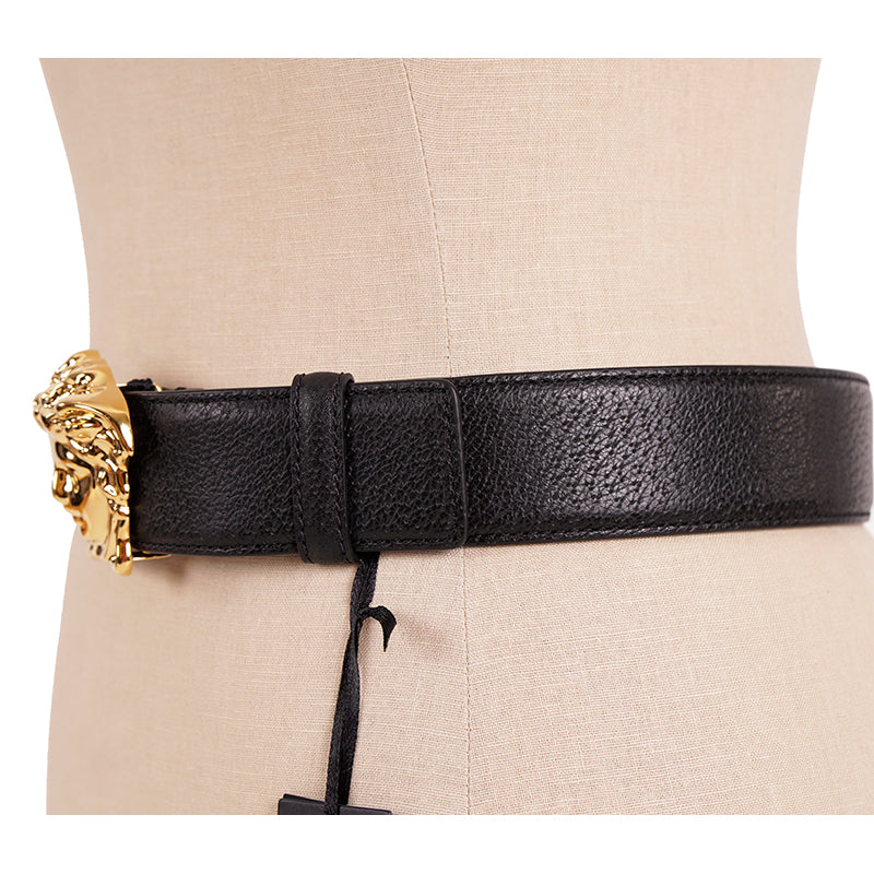 28/70 NEW $425 VERSACE Black Grainy Leather GOLD MEDUSA LOGO Classic WAIST BELT