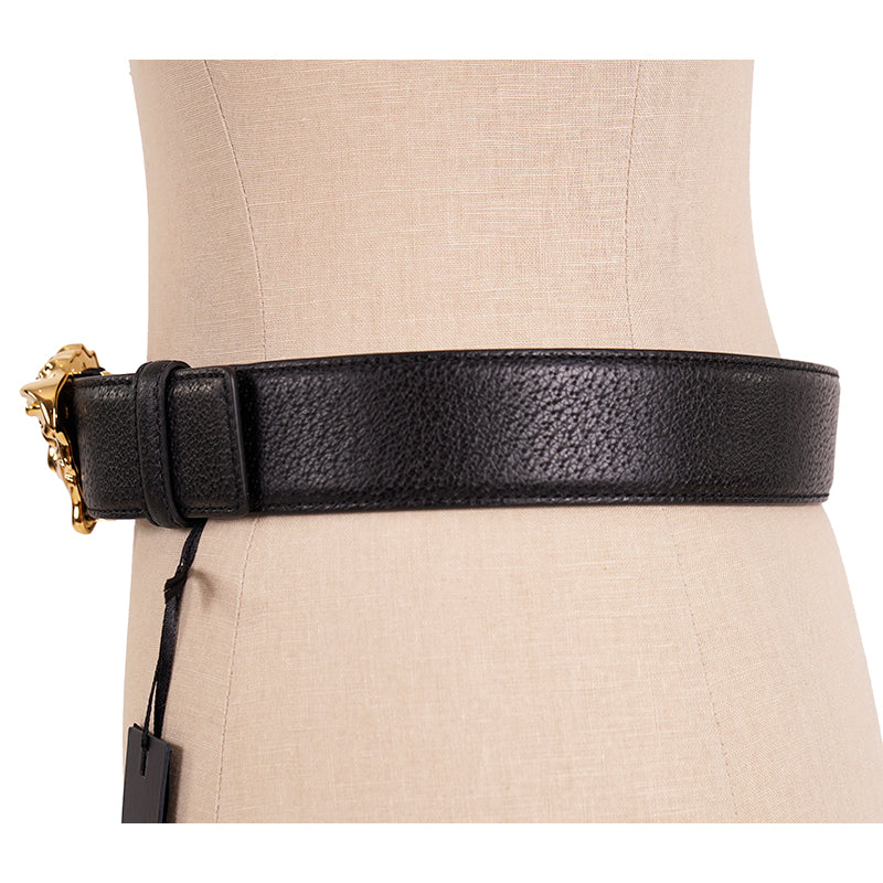 28/70 NEW $425 VERSACE Black Grainy Leather GOLD MEDUSA LOGO Classic WAIST BELT