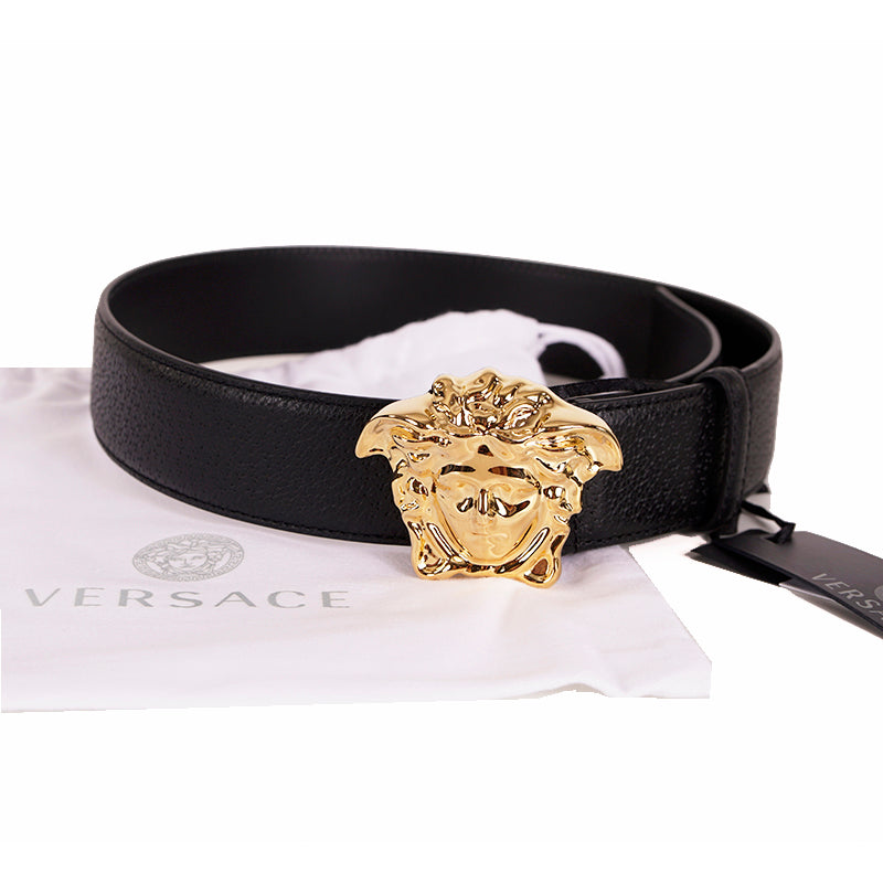 28/70 NEW $425 VERSACE Black Grainy Leather GOLD MEDUSA LOGO Classic WAIST BELT
