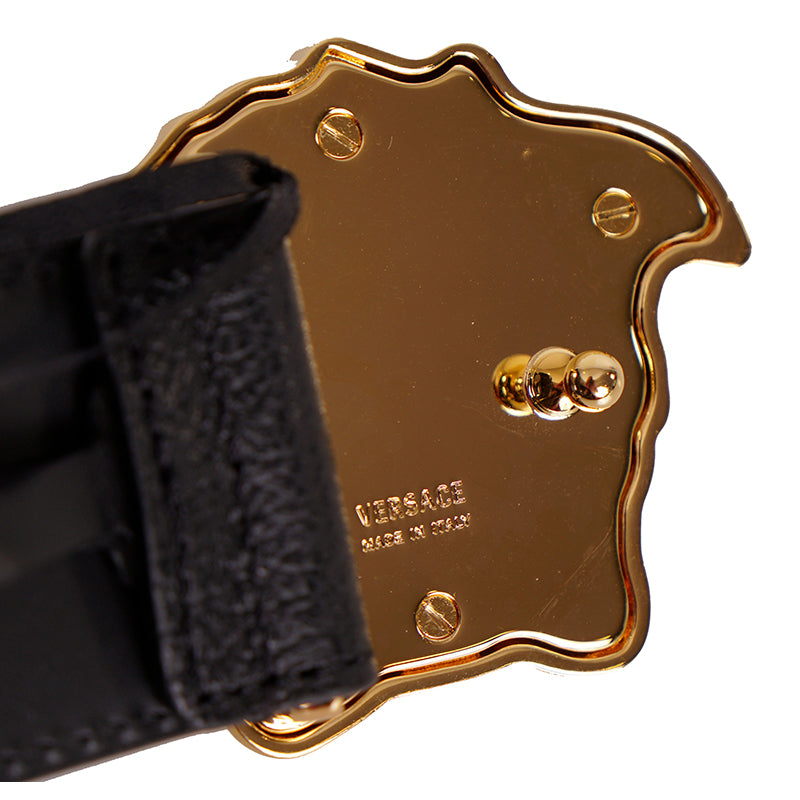 28/70 NEW $425 VERSACE Black Grainy Leather GOLD MEDUSA LOGO Classic WAIST BELT