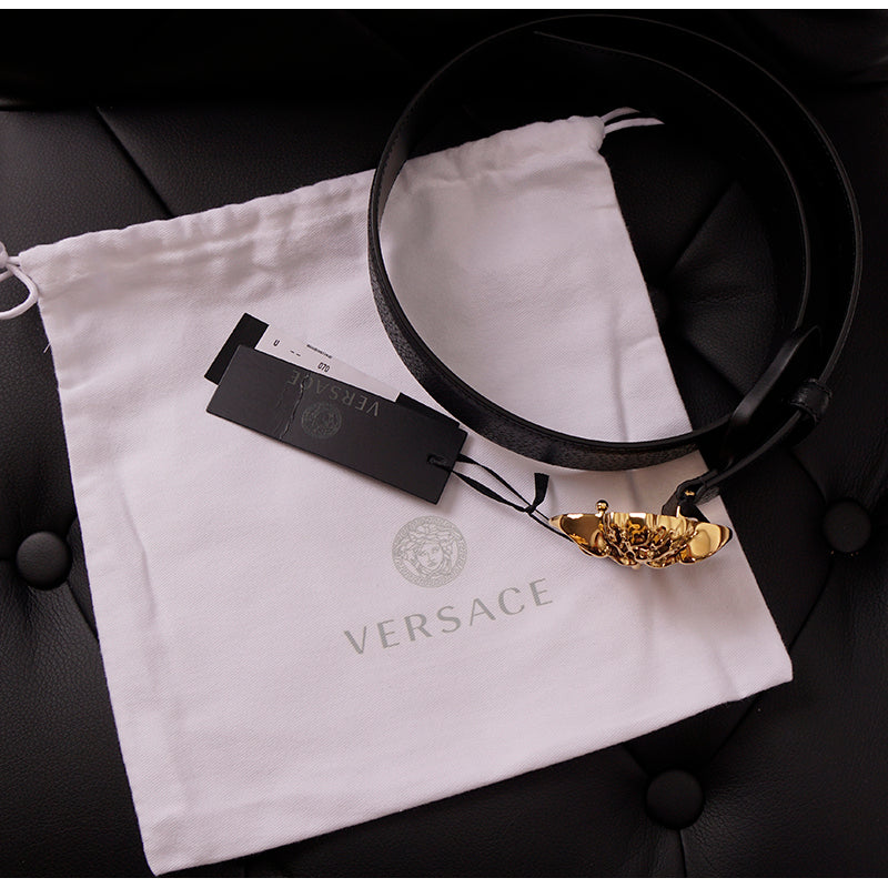 28/70 NEW $425 VERSACE Black Grainy Leather GOLD MEDUSA LOGO Classic WAIST BELT