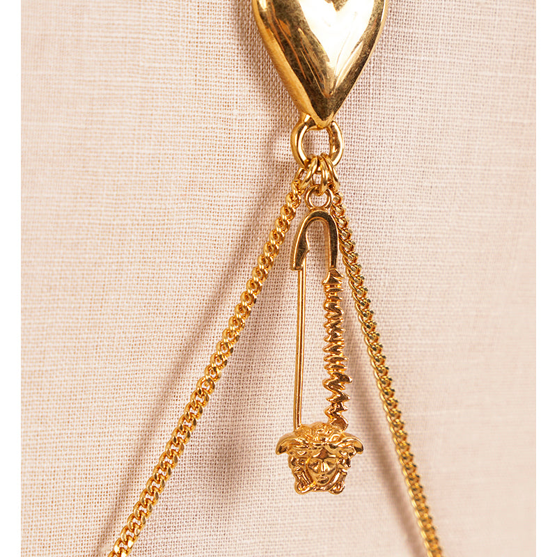NEW $1095 VERSACE RUNWAY Brass SAFETY PIN MEDUSA HEART Logo BODY CHAIN Necklace