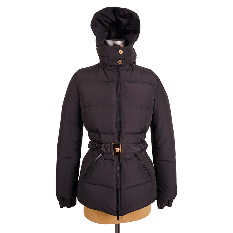 sz 40 NEW $1895 VERSACE Woman's Black GOOSE DOWN Hooded MEDUSA BELT Puffer COAT