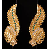 NEW $590 VERSACE RUNWAY Jungle Palm Leaf Green Crystal Pierced MEDUSA EARRINGS