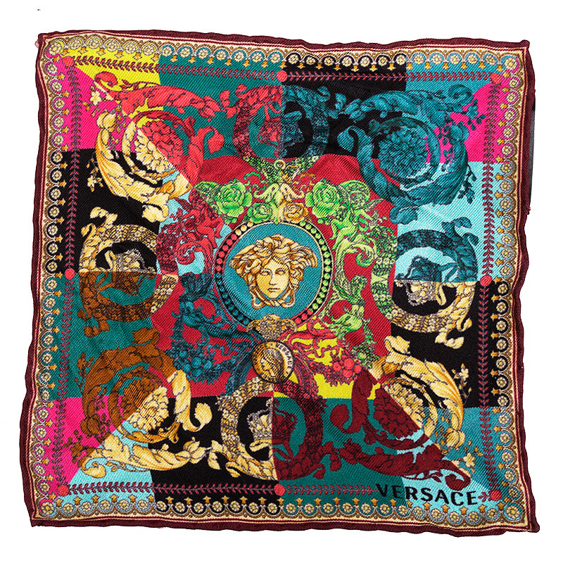 NEW VERSACE VOYAGE BAROCCO SILK SCARF Brass Gold MEDUSA HOOP Pierced EARRINGS