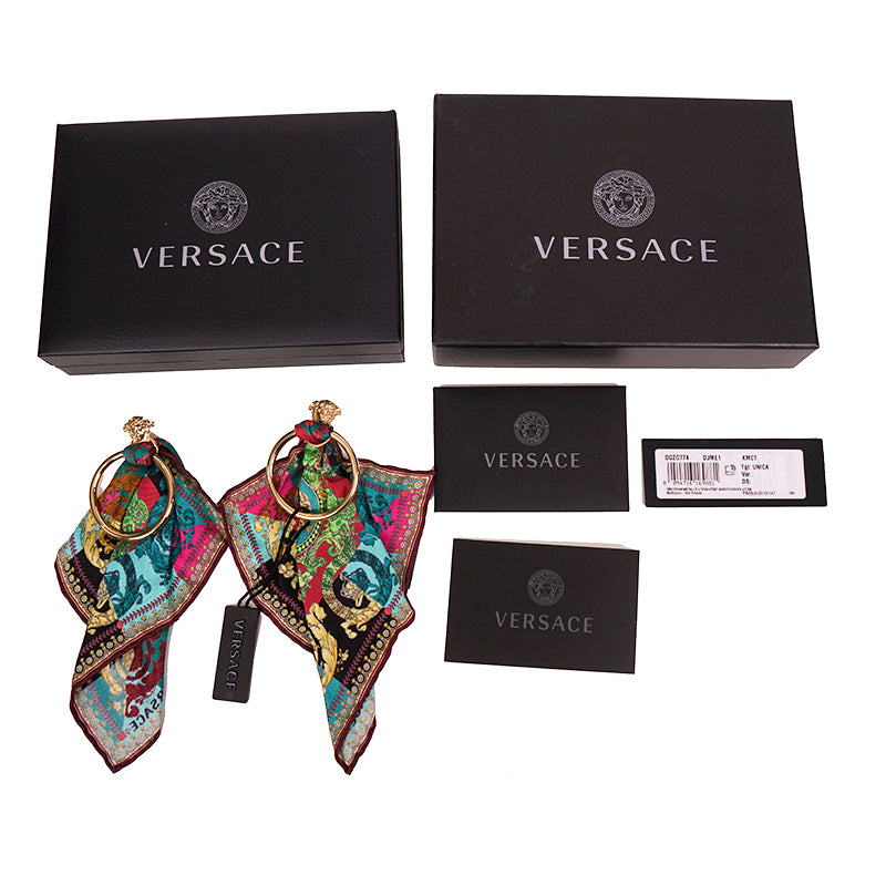 NEW VERSACE VOYAGE BAROCCO SILK SCARF Brass Gold MEDUSA HOOP Pierced EARRINGS