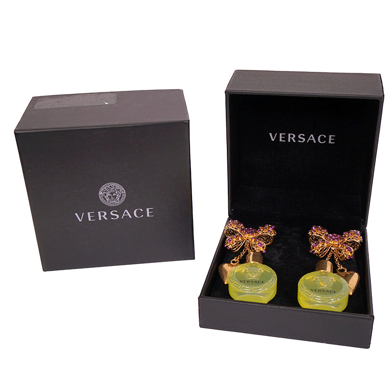 NEW $1,195 VERSACE RUNWAY Yellow Glass MEDUSA PERFUME BOTTLE Bow Drop EARRINGS