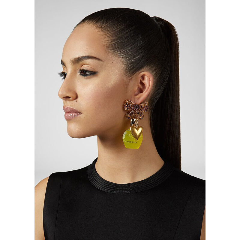NEW $1,195 VERSACE RUNWAY Yellow Glass MEDUSA PERFUME BOTTLE Bow Drop EARRINGS