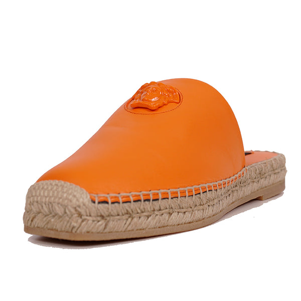 37 & 38 NEW $495 VERSACE Orange Leather LA MEDUSA LOGO Espadrille SUMMER FLATS MULES