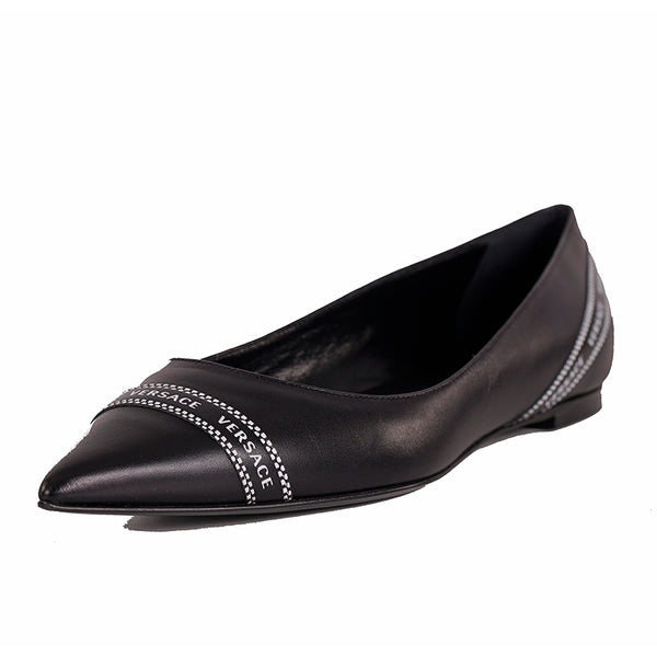 38 NEW $695 VERSACE Black Leather TICKER TAPE LOGO Pointed Toe BALLET FLATS