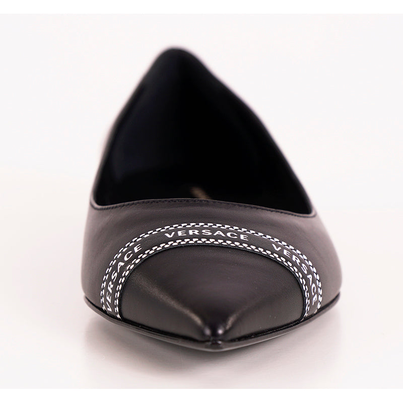 38 NEW $695 VERSACE Black Leather TICKER TAPE LOGO Pointed Toe BALLET FLATS