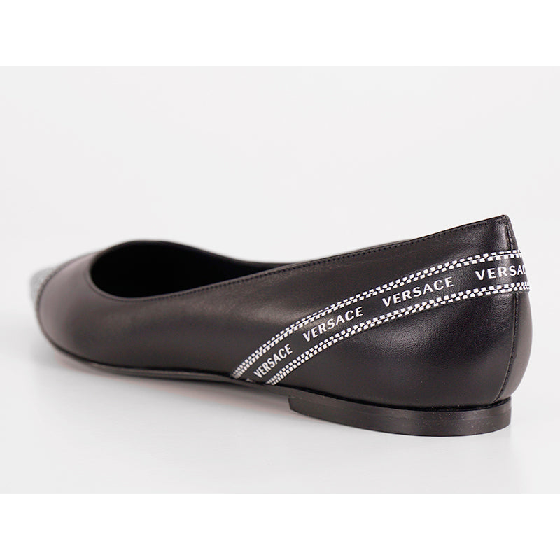 38 NEW $695 VERSACE Black Leather TICKER TAPE LOGO Pointed Toe BALLET FLATS