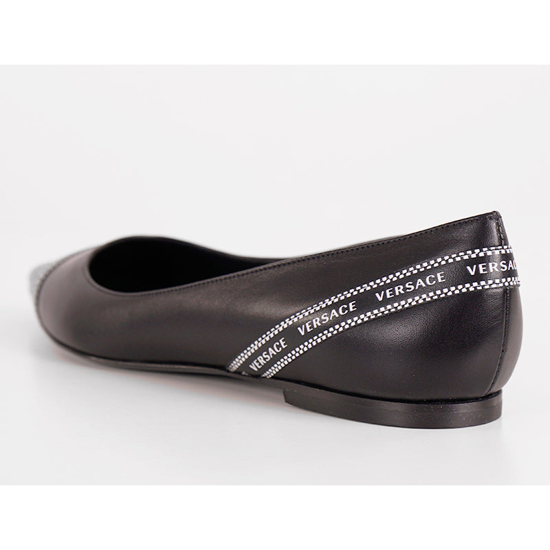 38 (US 8) NEW $695 VERSACE Black Leather TICKER TAPE LOGO Pointed Toe BALLET FLATS