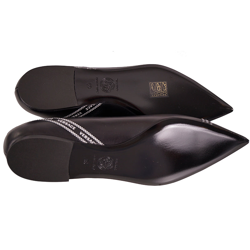 38 NEW $695 VERSACE Black Leather TICKER TAPE LOGO Pointed Toe BALLET FLATS