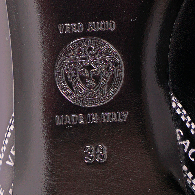 38 NEW $695 VERSACE Black Leather TICKER TAPE LOGO Pointed Toe BALLET FLATS