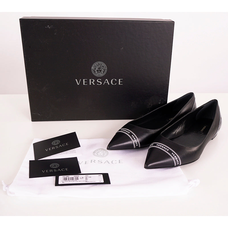 38 NEW $695 VERSACE Black Leather TICKER TAPE LOGO Pointed Toe BALLET FLATS