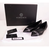 38 (US 8) NEW $695 VERSACE Black Leather TICKER TAPE LOGO Pointed Toe BALLET FLATS